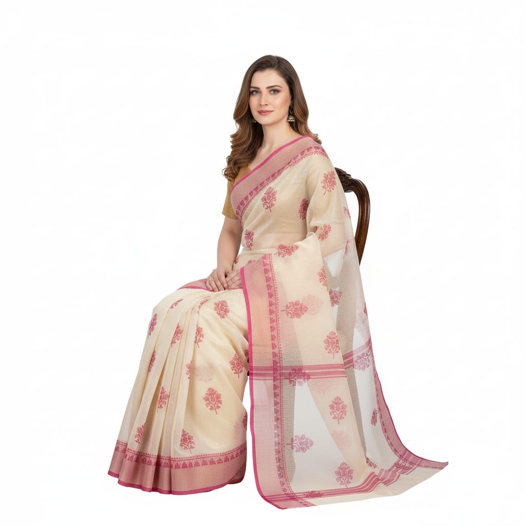 Silakaari Naaz Cream-Magenta Pure Chanderi HandWork Lucknowi Premium Party Wear Saree