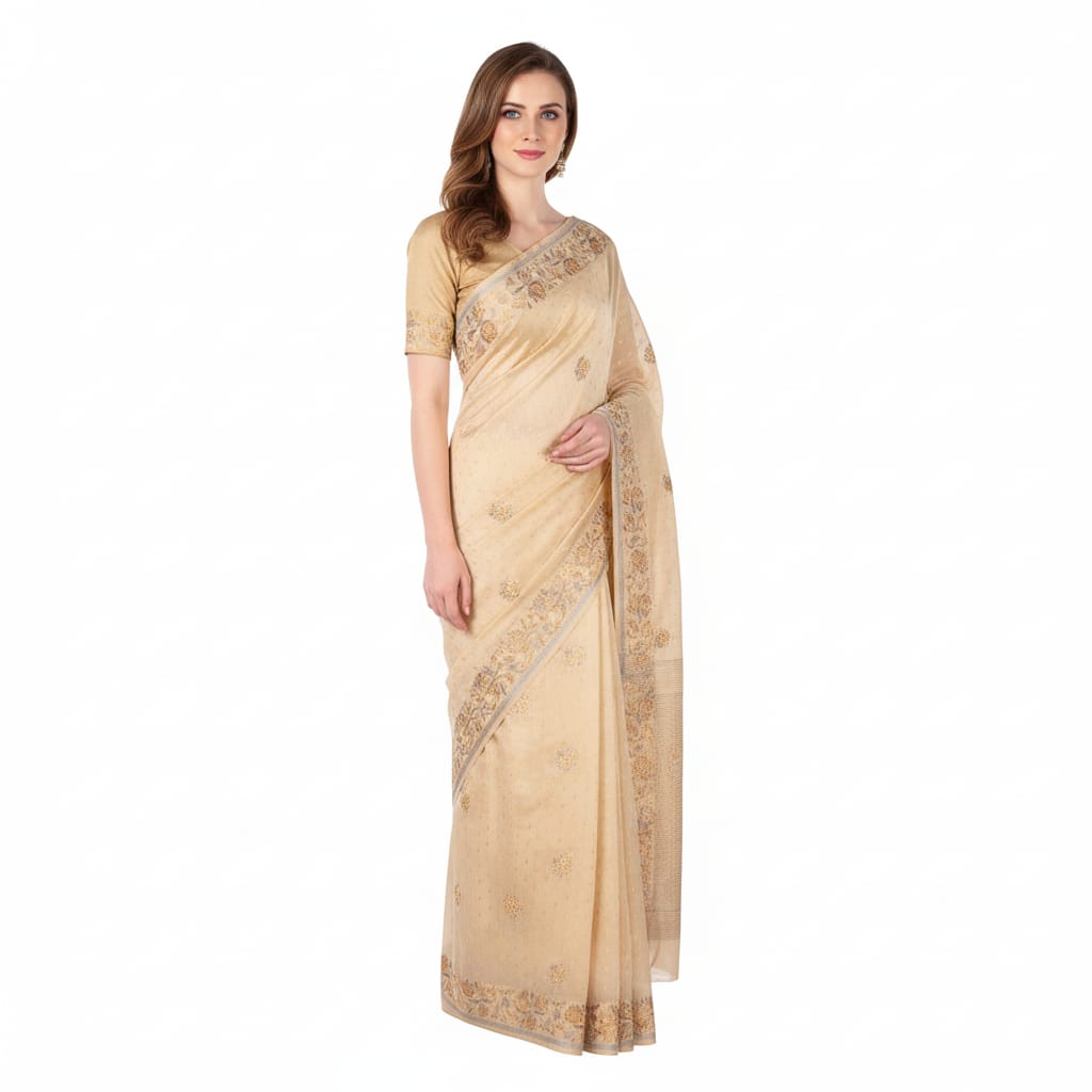 Silakaari Suvidha Beige-Gold Pure Chanderi Premium HandWork Partywear Saree