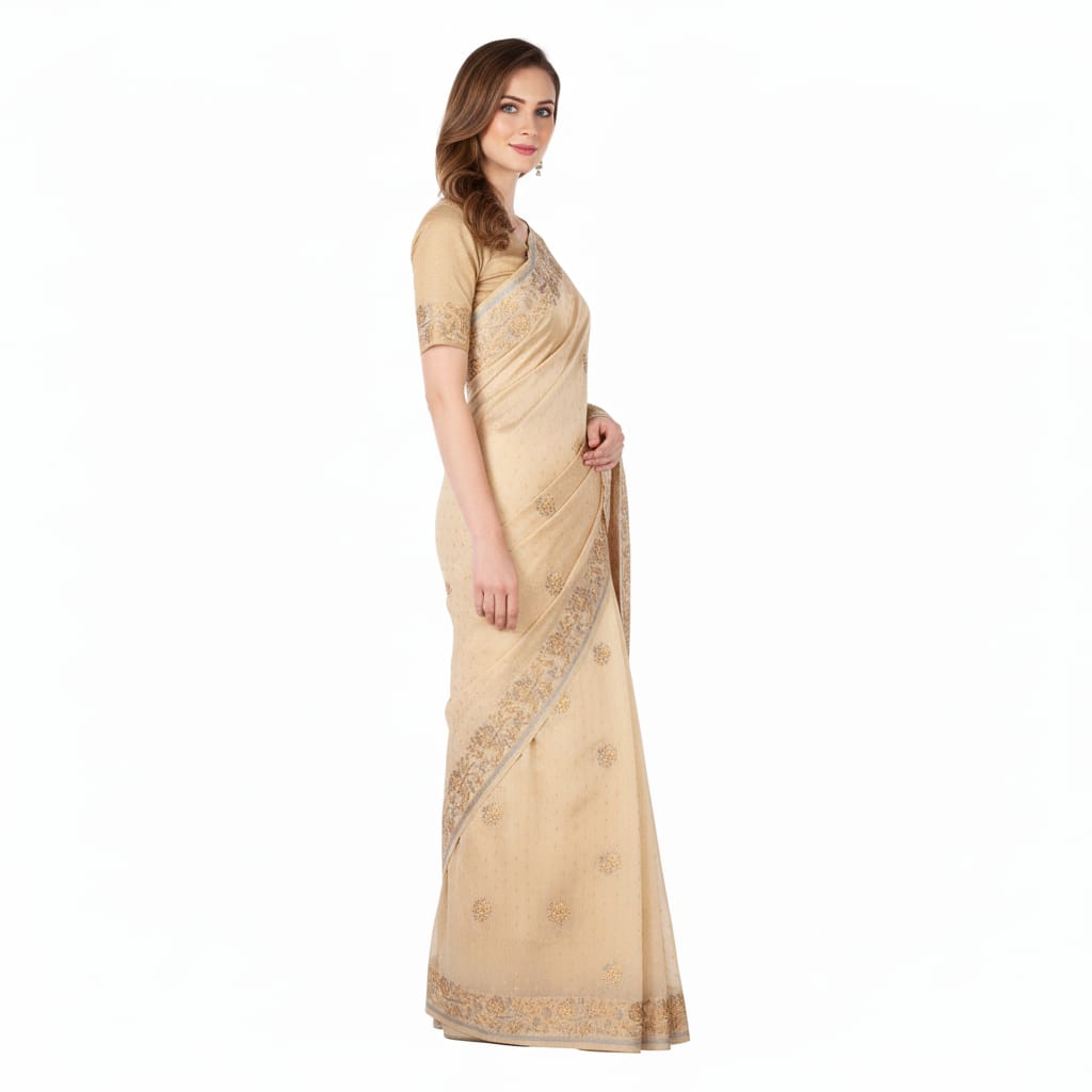 Silakaari Suvidha Beige-Gold Pure Chanderi Premium HandWork Partywear Saree