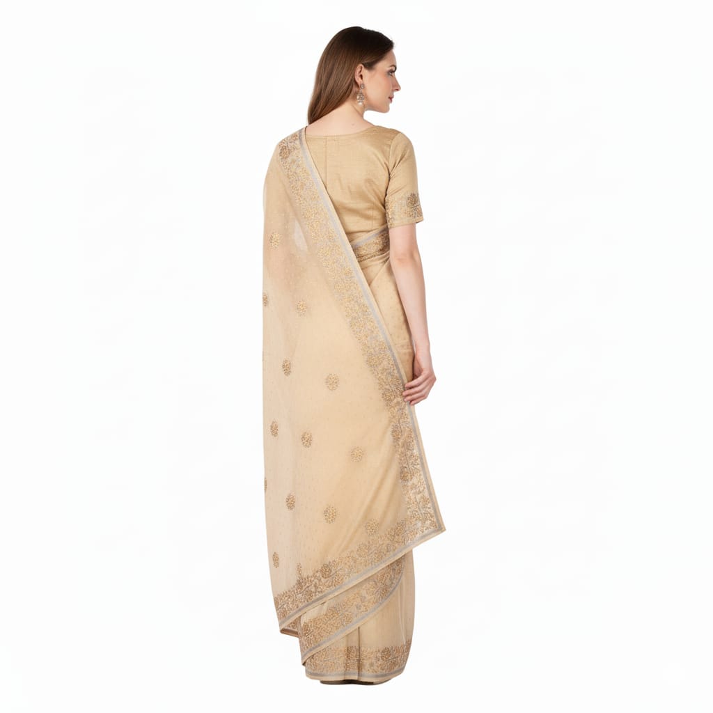 Silakaari Suvidha Beige-Gold Pure Chanderi Premium HandWork Partywear Saree