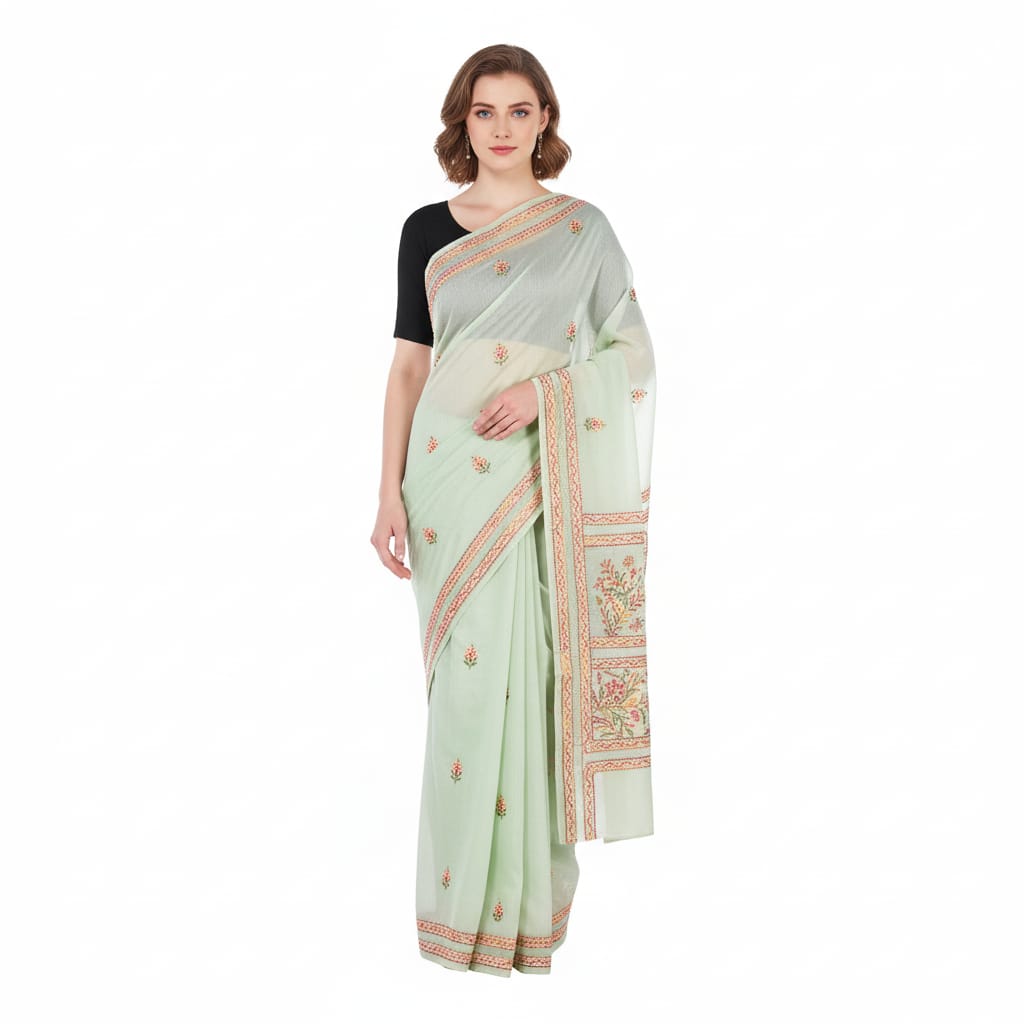 Silakaari Suhani Dual Tone Casual Green Lucknowi Embroidery Premium Saree