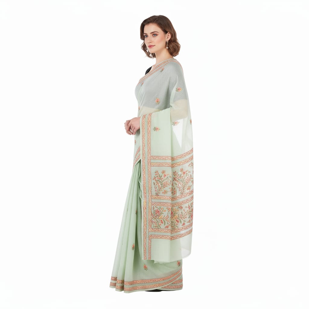 Silakaari Suhani Dual Tone Casual Green Lucknowi Embroidery Premium Saree