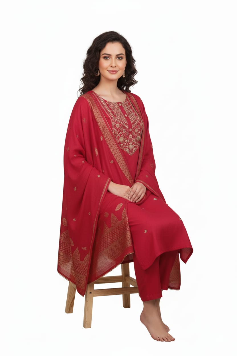 Silakaari Women's Dola Silk Heavy Gota Hand Work Kurti Pant Dupatta Set