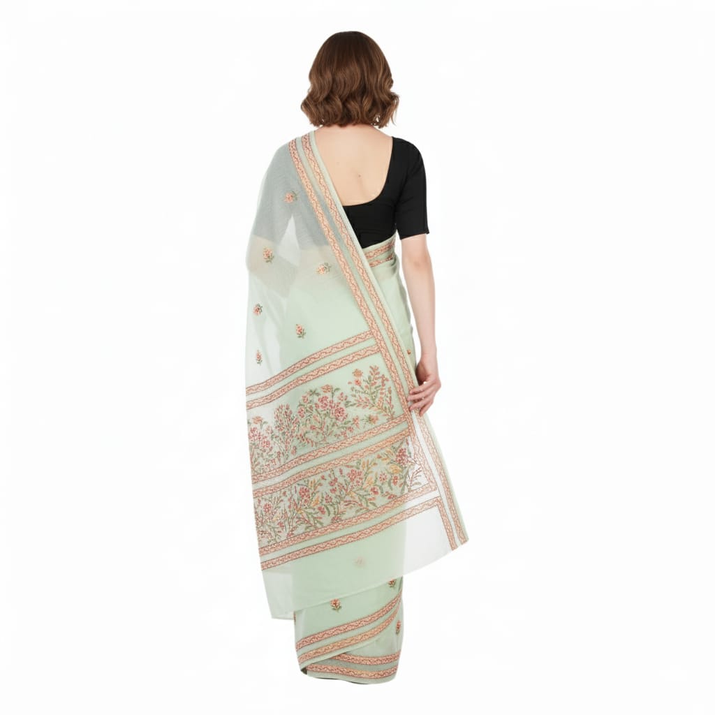 Silakaari Suhani Dual Tone Casual Green Lucknowi Embroidery Premium Saree