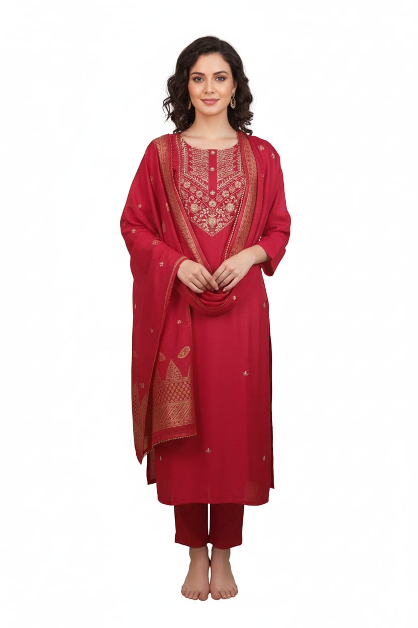 Silakaari Women's Dola Silk Heavy Gota Hand Work Kurti Pant Dupatta Set