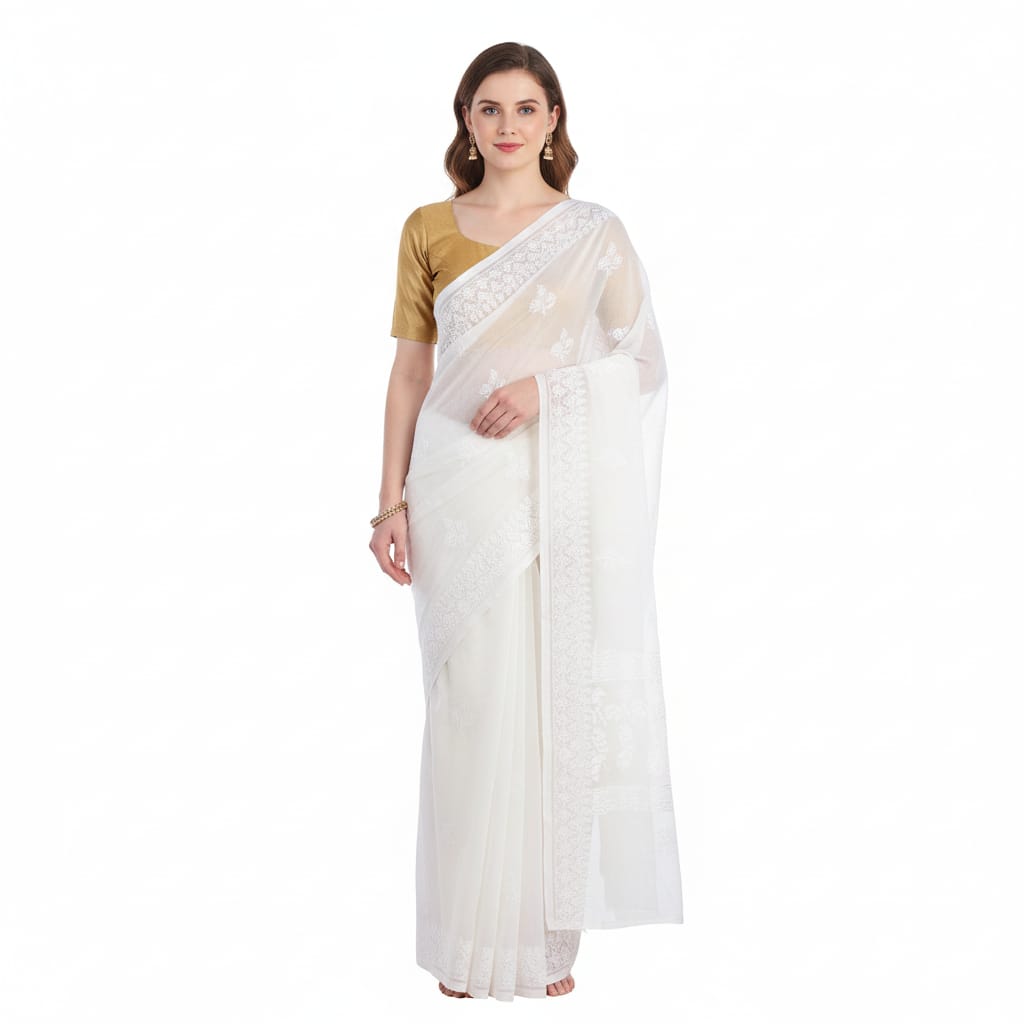 Silakaari Cream-Gold Pure Organza Fine Handwork Lucknowi Premium Saree