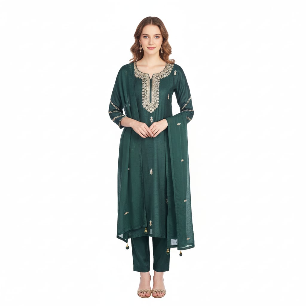 Silakaari Pure Hand-work festive Dark Green Kurti Pant Set