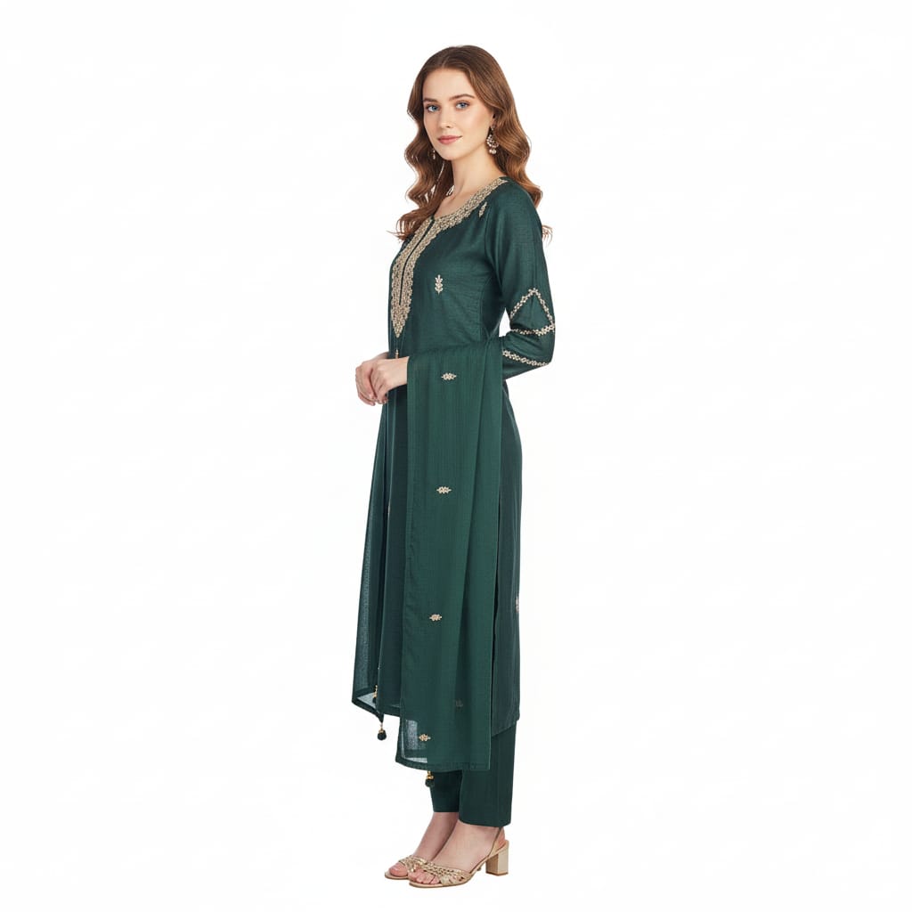 Silakaari Pure Hand-work festive Dark Green Kurti Pant Set