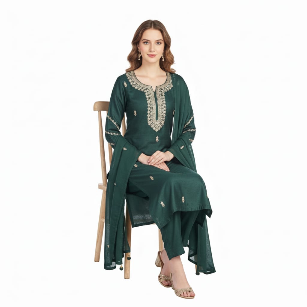 Silakaari Pure Hand-work festive Dark Green Kurti Pant Set