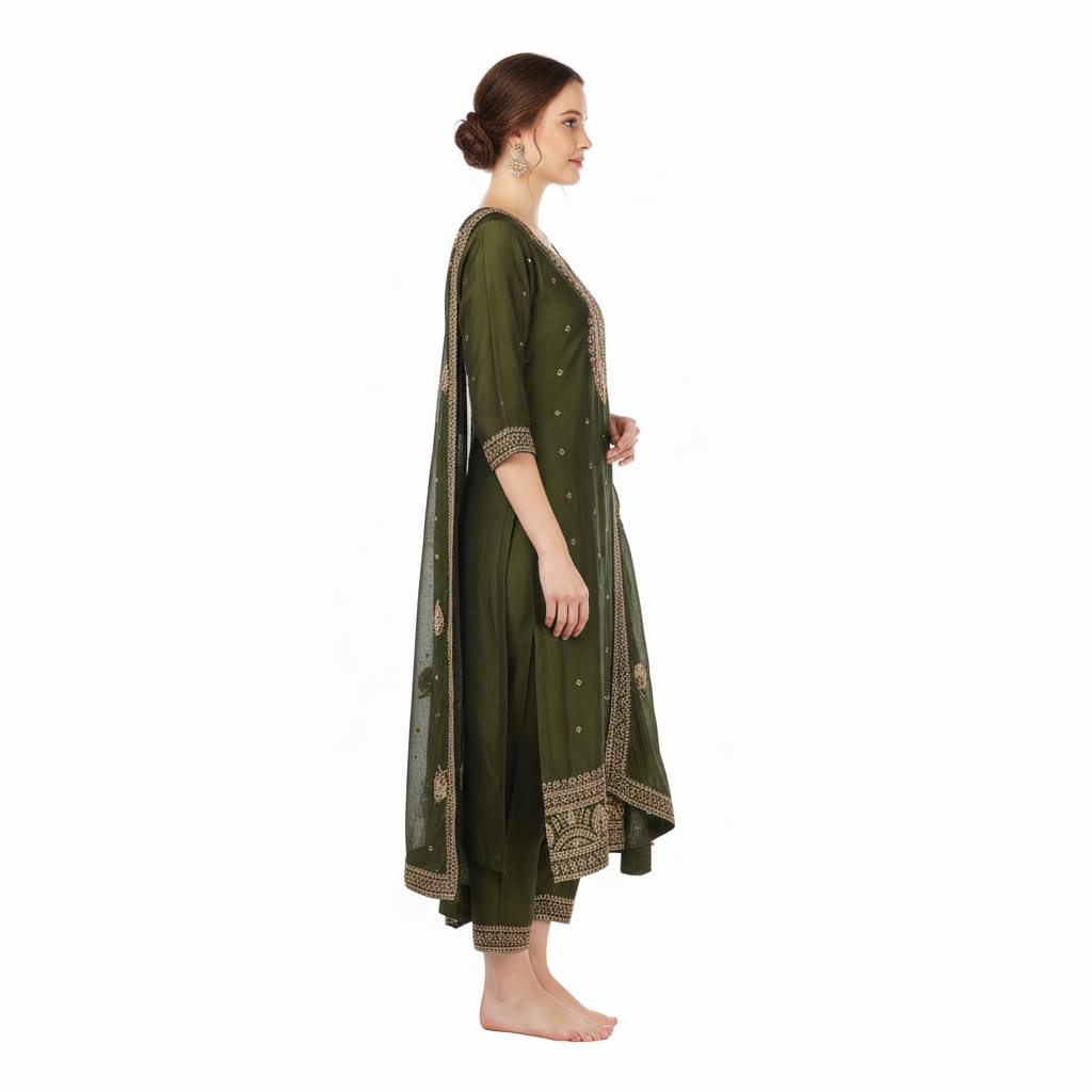 Silakaari Women's Vichiti Gold Sequins Heavy Kurti Pant Dupatta Set