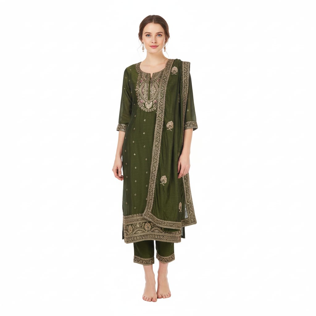 Silakaari Women's Vichiti Gold Sequins Heavy Kurti Pant Dupatta Set