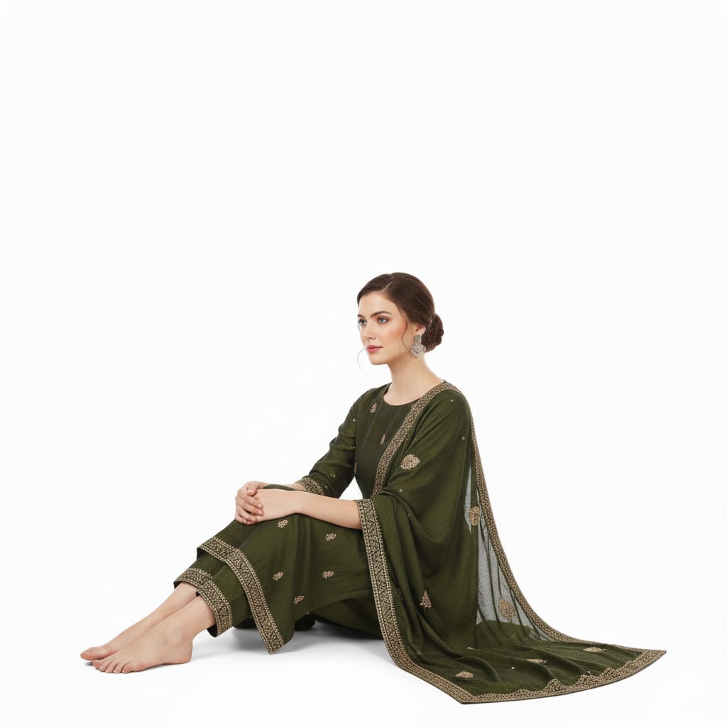 Silakaari Women's Vichiti Gold Sequins Heavy Kurti Pant Dupatta Set