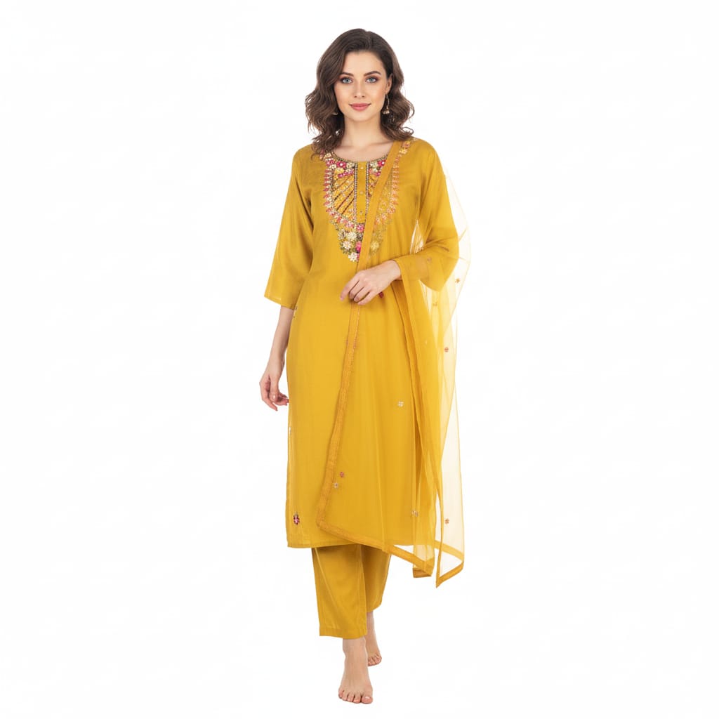 Silakaari Women's Silk Heavy Neckline Theard Moti Floral Embroidered Kurti Pant Dupatta Set