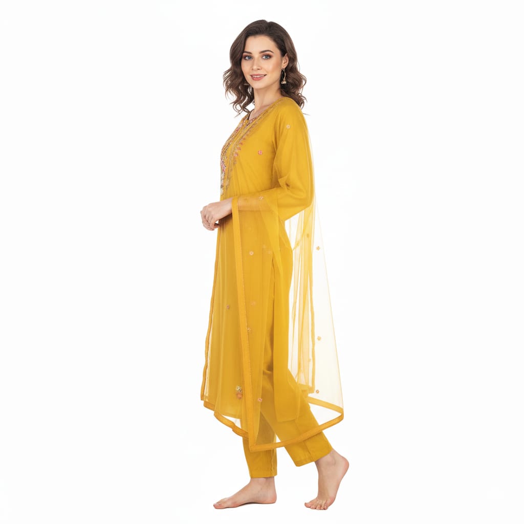 Silakaari Women's Silk Heavy Neckline Theard Moti Floral Embroidered Kurti Pant Dupatta Set
