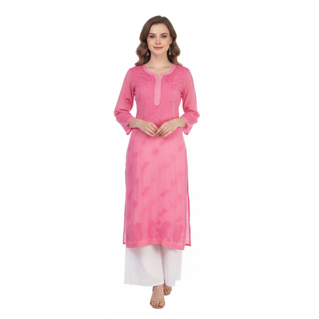Silakaari Pure Muslin Heavy Self Theard Long Lucknowi Premium Kurti Palazzo Set