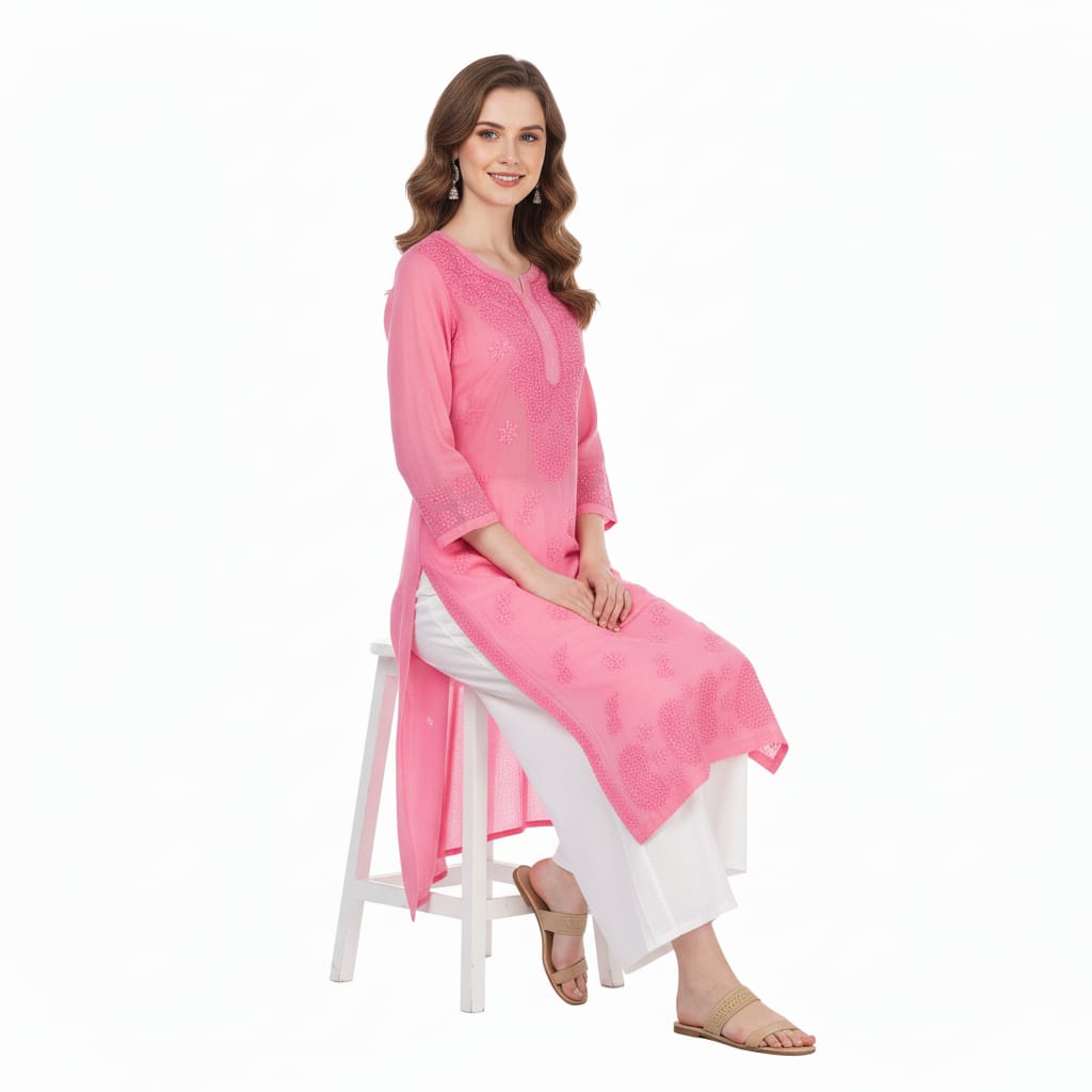 Silakaari Pure Muslin Heavy Self Theard Long Lucknowi Premium Kurti Palazzo Set