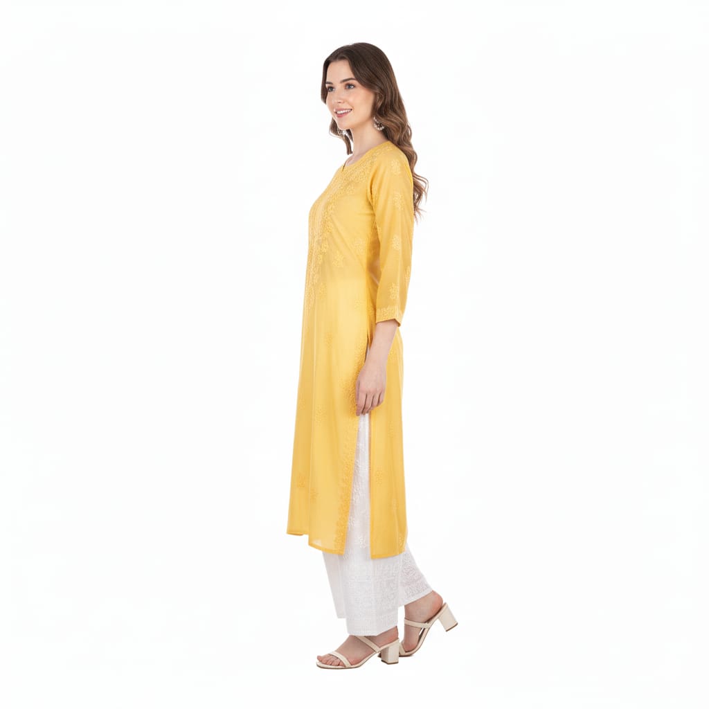 Silakaari Women's Pure Viscose Self Thread Heavy Lucknowi Glance Long Kurti Palazzo Set
