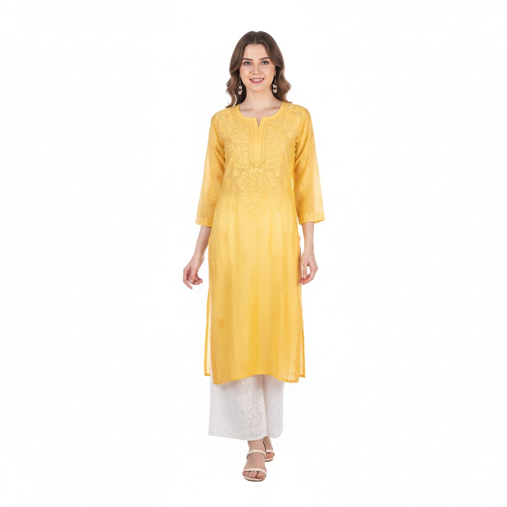 Silakaari Women's Pure Viscose Self Thread Heavy Lucknowi Glance Long Kurti Palazzo Set