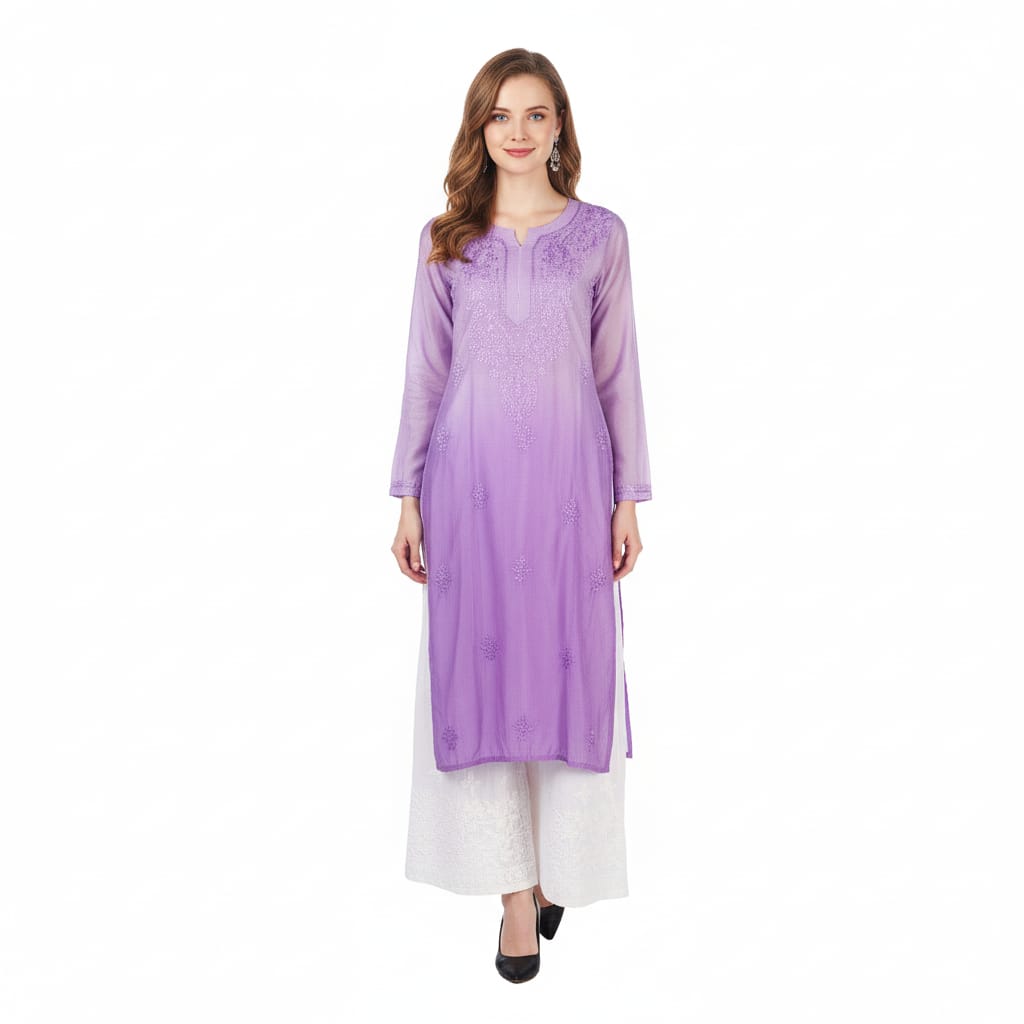 Silakaari Women's Blaze Pure Chanderi Shaded Lucknowi Premium Long Kurti Palazzo Set