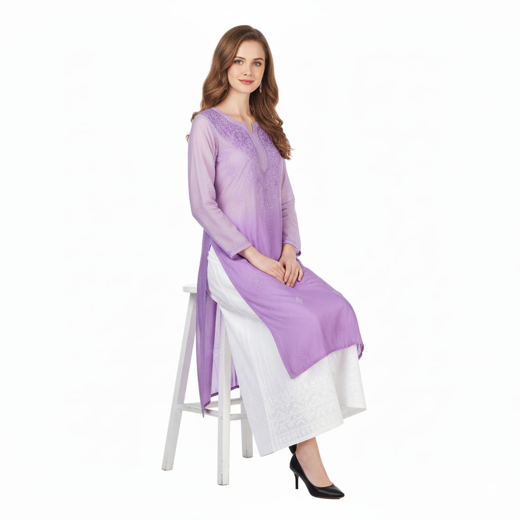 Silakaari Women's Blaze Pure Chanderi Shaded Lucknowi Premium Long Kurti Palazzo Set