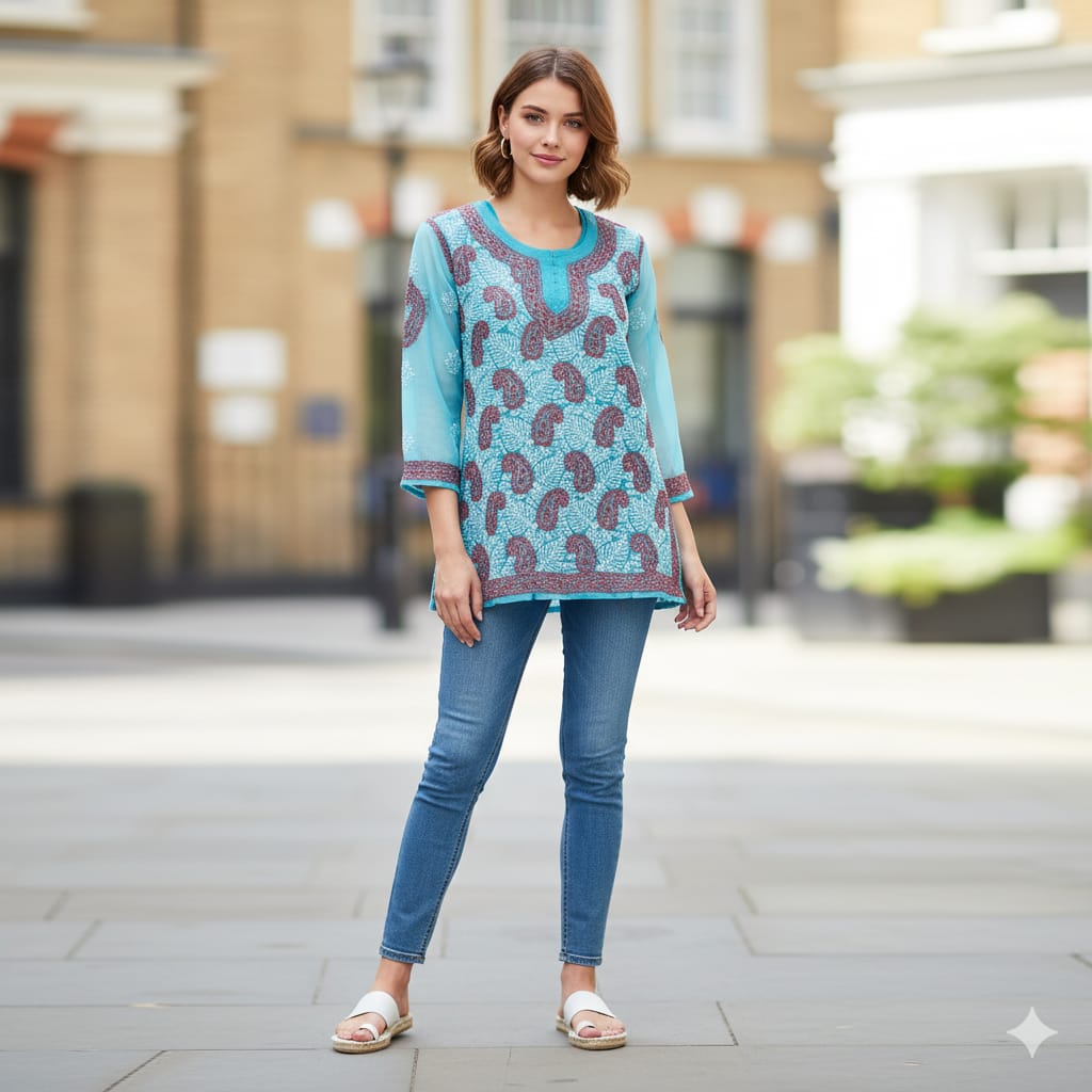 Silakaari Pure Georgette All Over Floral Soft Premium Lucknowi Short Kurti Slip With Pant Set