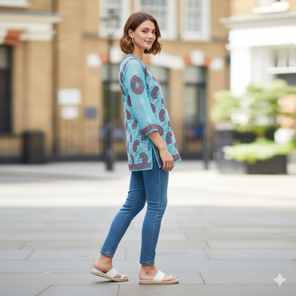 Silakaari Pure Georgette All Over Floral Soft Premium Lucknowi Short Kurti Slip With Pant Set