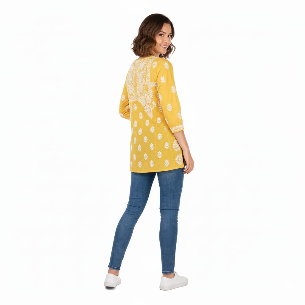 Silakaari Pure Viscose Yellow Shaded Heavy Lucknowi Aline Kurti With Pant Set