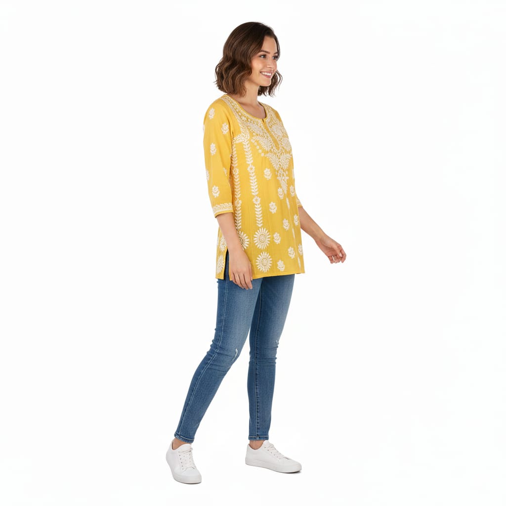 Silakaari Pure Viscose Yellow Shaded Heavy Lucknowi Aline Kurti With Pant Set