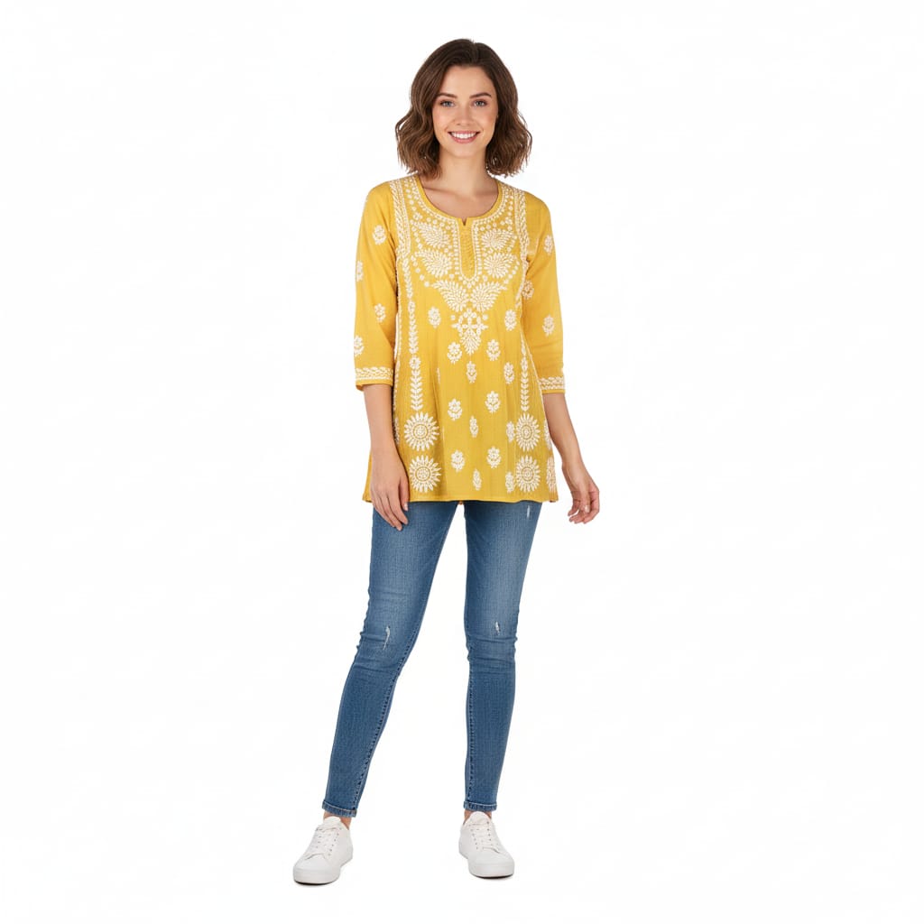 Silakaari Pure Viscose Yellow Shaded Heavy Lucknowi Aline Kurti With Pant Set