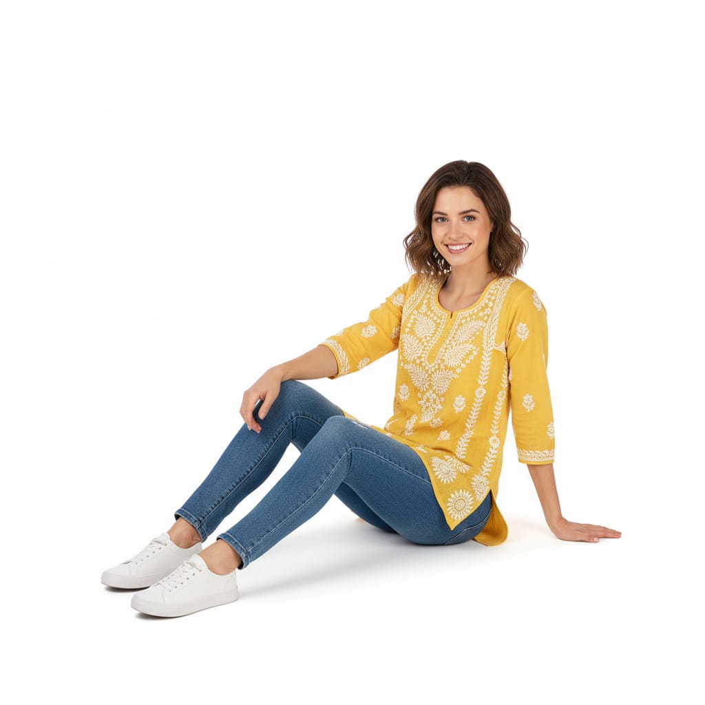 Silakaari Pure Viscose Yellow Shaded Heavy Lucknowi Aline Kurti With Pant Set