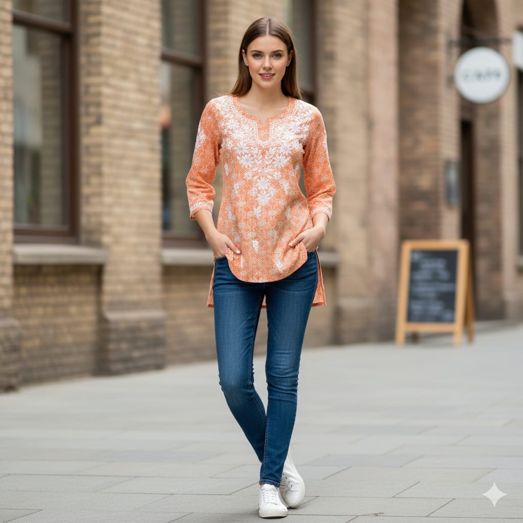 Silakaari Peach Foil Printed Lucknowi Straight Short Kurti With Pant Set