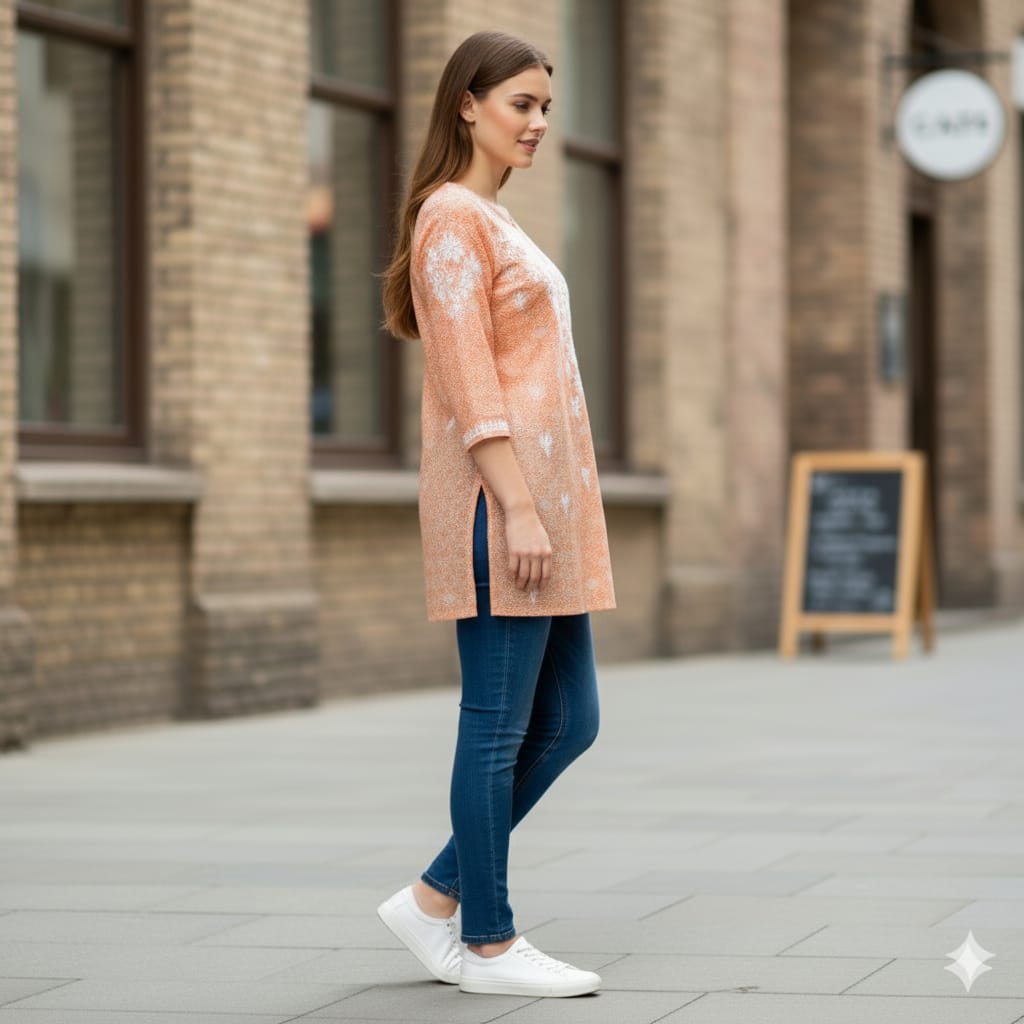 Silakaari Peach Foil Printed Lucknowi Straight Short Kurti With Pant Set