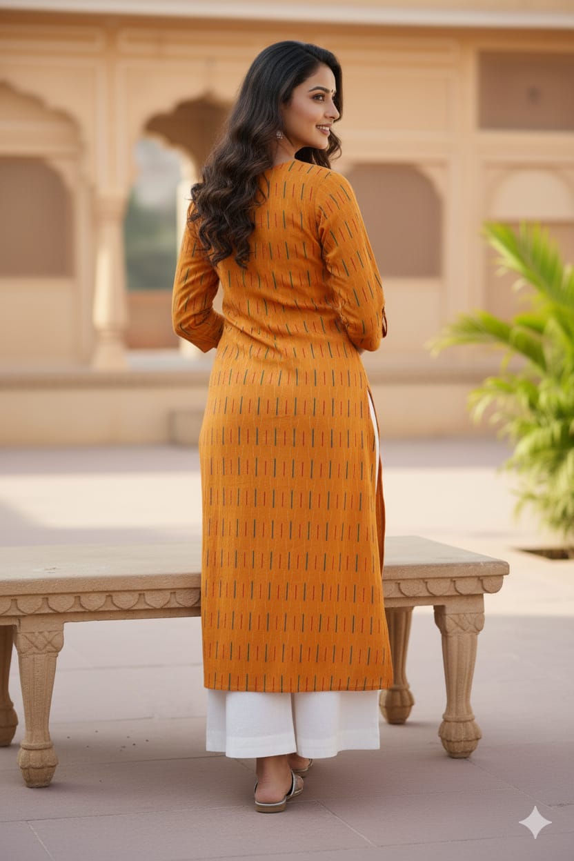 Silakaari Tahira Yellow Printed Straight Cut Cotton Long Kurti