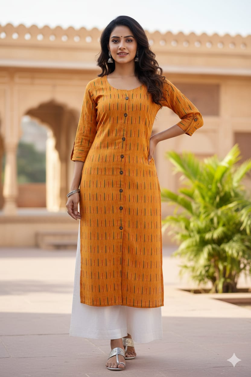 Silakaari Tahira Yellow Printed Straight Cut Cotton Long Kurti
