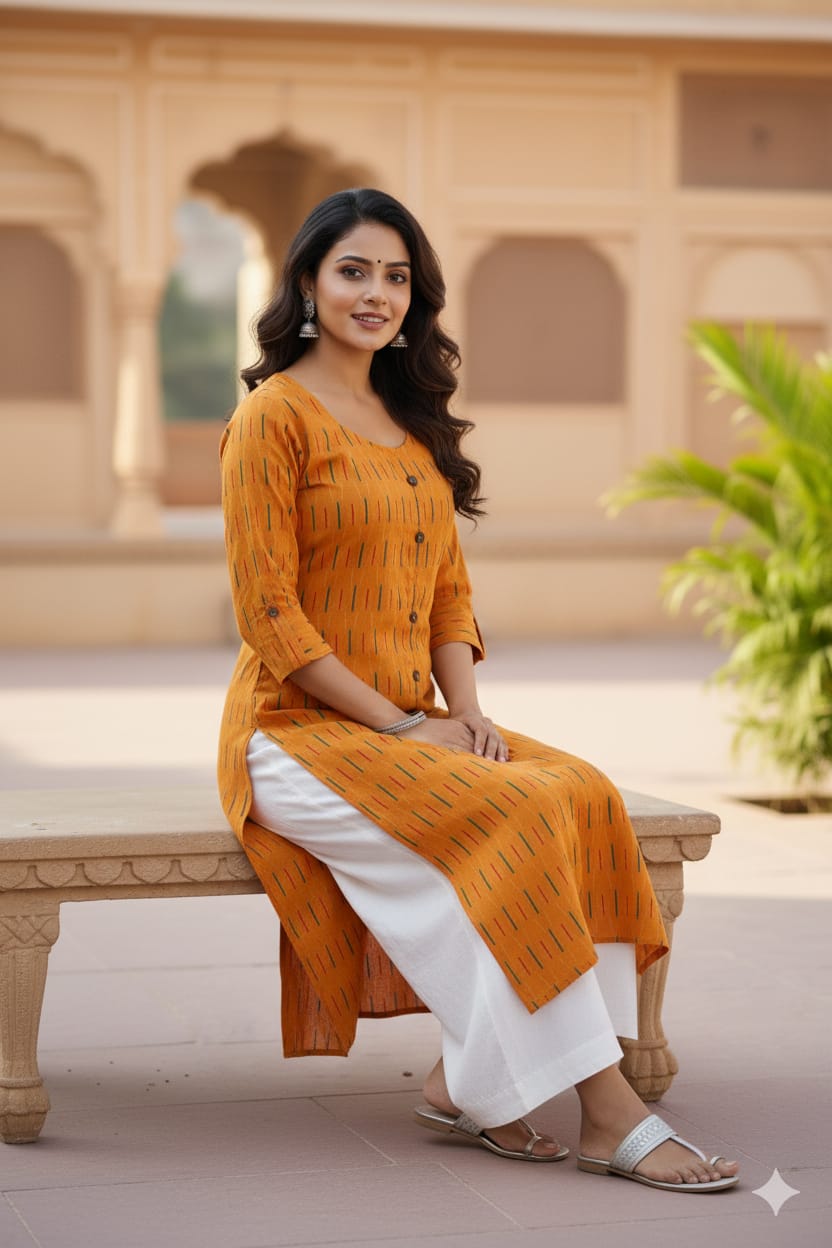 Silakaari Tahira Yellow Printed Straight Cut Cotton Long Kurti