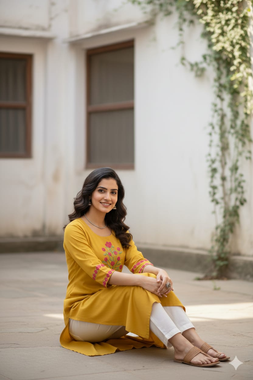 Silakaari Yusra Yellow Rayon Aline Embroidery Kurti