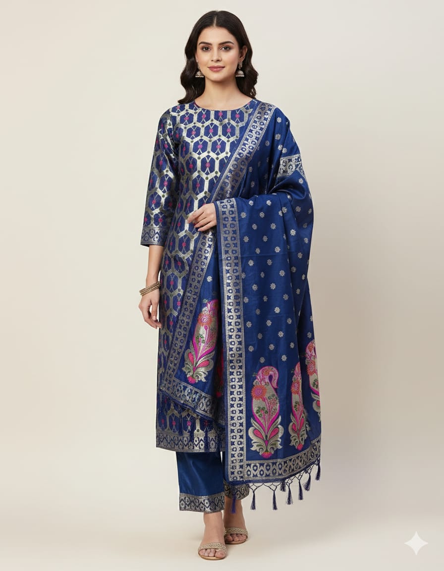 Silakaari Women's Heavy Zari Work Unstitched Dress Material