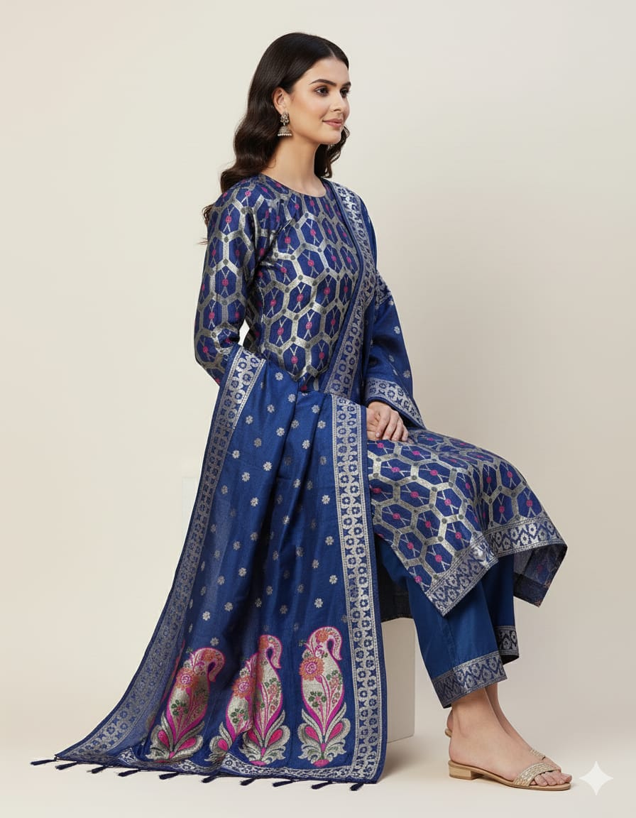 Silakaari Women's Heavy Zari Work Unstitched Dress Material