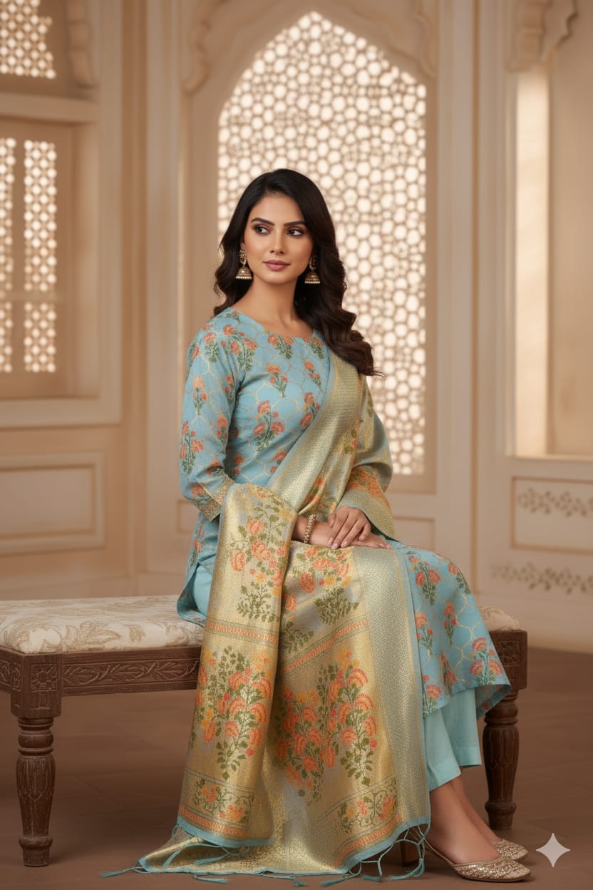 Silakaari Women's Blue Zari Work Designer Banarasi Unstitched Dress Material