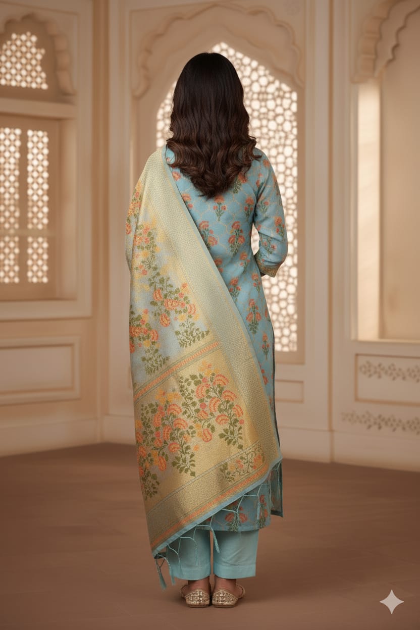 Silakaari Women's Blue Zari Work Designer Banarasi Unstitched Dress Material