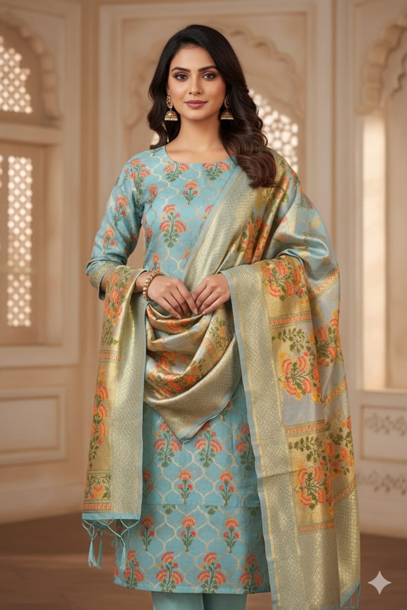 Silakaari Women's Blue Zari Work Designer Banarasi Unstitched Dress Material