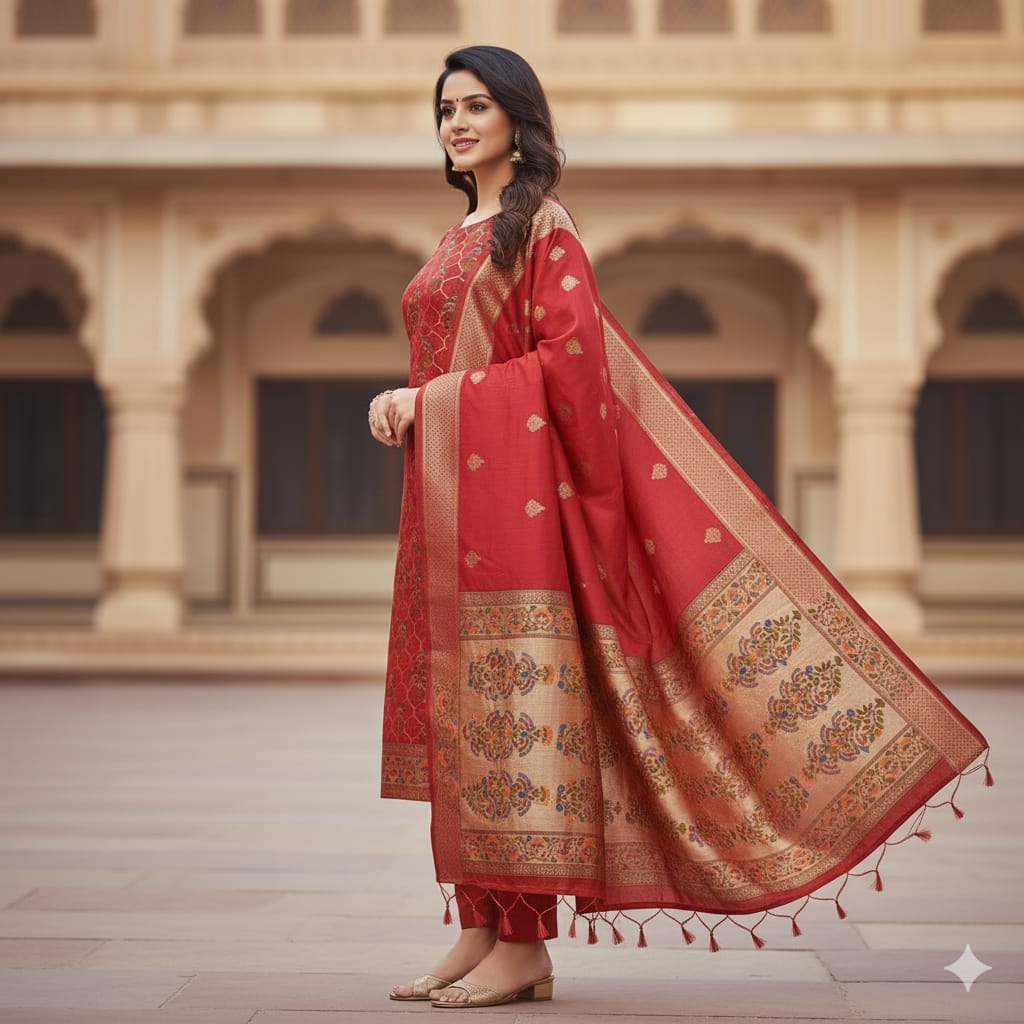 Silakaari Women's Maroon Zari Work Designer Banarasi Unstitched Dress Material