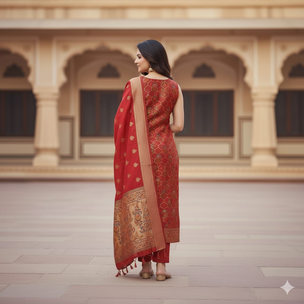 Silakaari Women's Maroon Zari Work Designer Banarasi Unstitched Dress Material