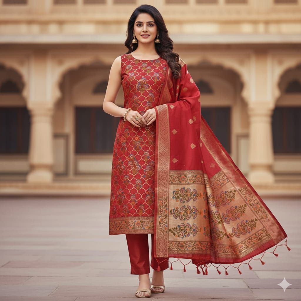 Silakaari Women's Maroon Zari Work Designer Banarasi Unstitched Dress Material