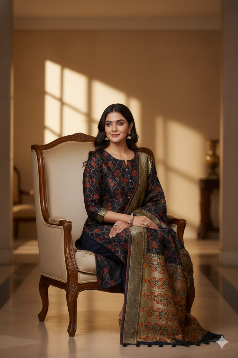 Silakaari Women's Navy Blue Zari Work Designer Banarasi Unstitched Dress Material