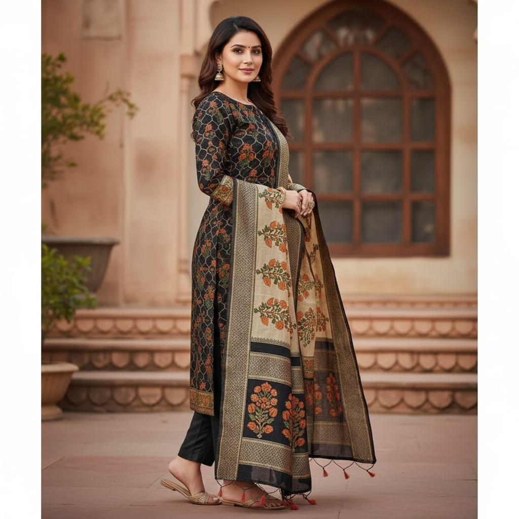 Silakaari Women's Black Zari Work Designer Banarasi Unstitched Dress Material