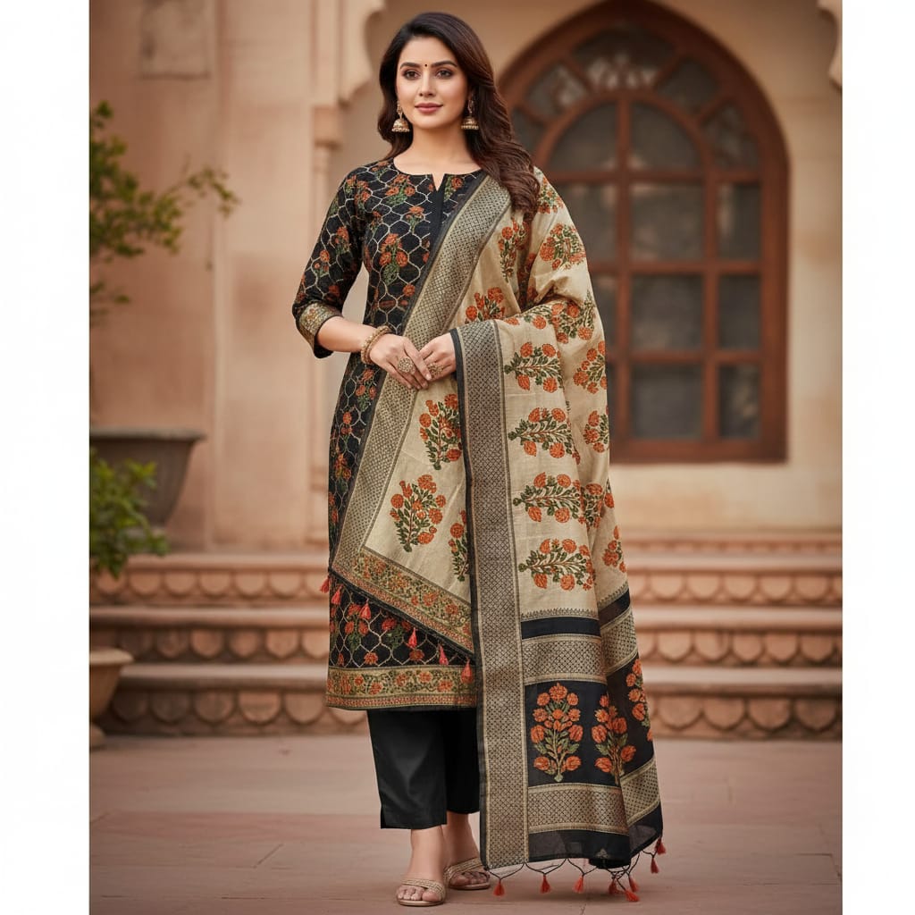 Silakaari Women's Black Zari Work Designer Banarasi Unstitched Dress Material
