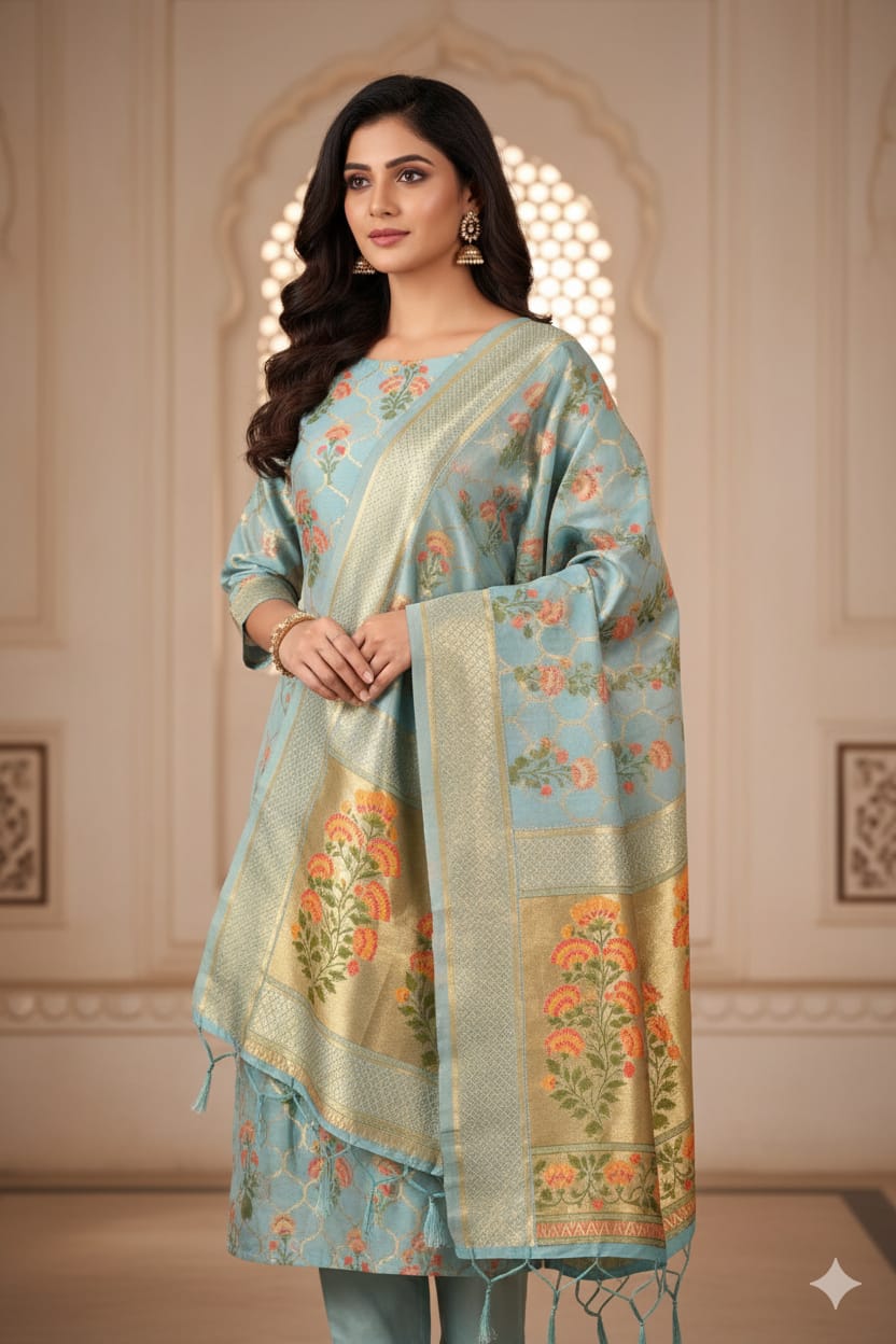 Silakaari Women's Blue Zari Work Designer Banarasi Unstitched Dress Material