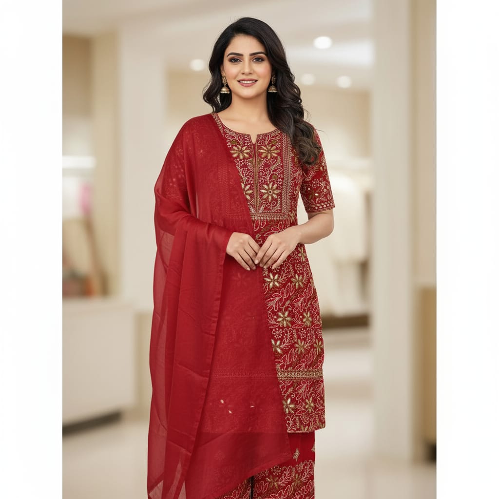 Silakaari Dulhan Gota Patti Maroon Full Jaal Premium Lucknowi Dress Material With Dupatta