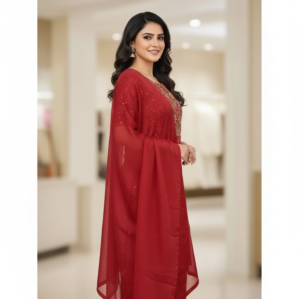 Silakaari Dulhan Gota Patti Maroon Full Jaal Premium Lucknowi Dress Material With Dupatta